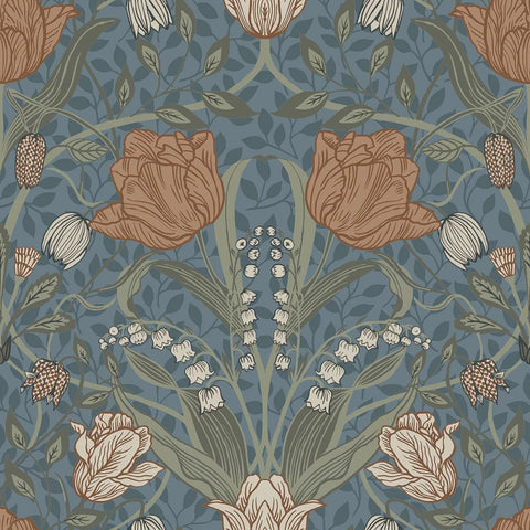 2999-33009 Large tulips flowers floral blue olive green peach Scandinavian Wallpaper rolls