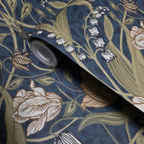 2999-44106 Large tulips flowers floral navy blue olive green peach Scandinavian Wallpaper