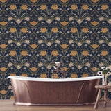2999-44106 Large tulips flowers floral navy blue olive green peach Scandinavian Wallpaper