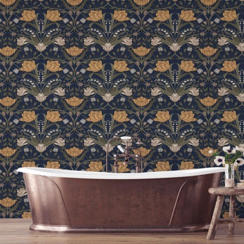 2999-44106 Large tulips flowers floral navy blue olive green peach Scandinavian Wallpaper
