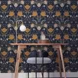2999-44106 Large tulips flowers floral navy blue olive green peach Scandinavian Wallpaper