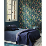 300116 Floris Teal Woodland Floral Wallpaper