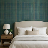 30437 Matt dark green gold metallic lines faux fabric textured plaid modern wallpaper
