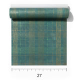 30437 Matt dark green gold metallic lines faux fabric textured plaid modern wallpaper
