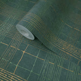 30437 Matt dark green gold metallic lines faux fabric textured plaid modern wallpaper
