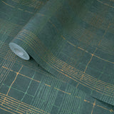 30437 Matt dark green gold metallic lines faux fabric textured plaid modern wallpaper
