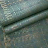 30437 Matt dark green gold metallic lines faux fabric textured plaid modern wallpaper
