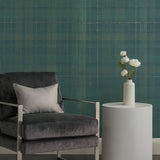 30437 Matt dark green gold metallic lines faux fabric textured plaid modern wallpaper
