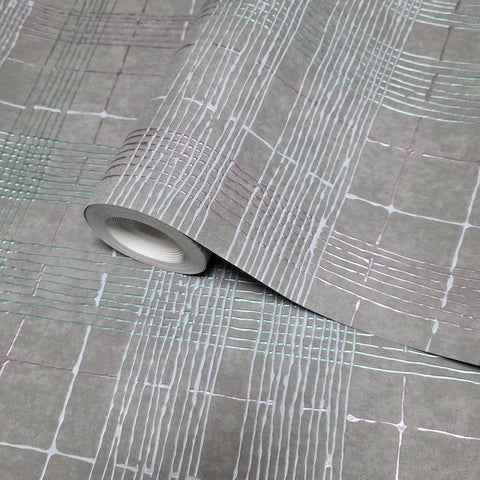 30439 Taupe gray green puple cross lines faux fabric textured plaid modern wallpaper