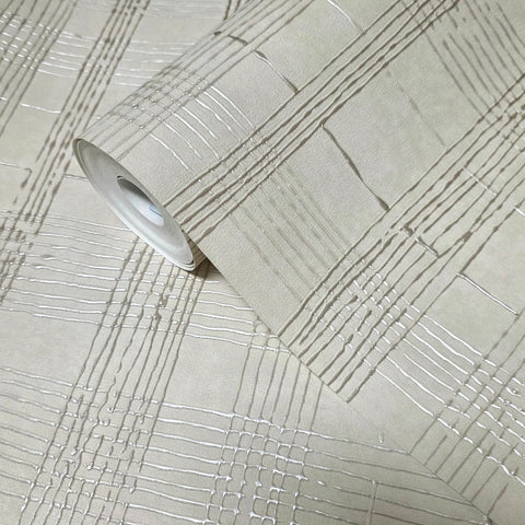 30440 Embossed Beige tan cream cross lines faux fabric textured plaid modern wallpaper