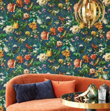 307306 Tropical jungle flowers navy blue green parrots birds faux fabric wallpaper roll