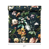 307306 Tropical jungle flowers navy blue green parrots birds faux fabric wallpaper roll