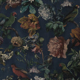 307306 Tropical jungle flowers navy blue green parrots birds faux fabric wallpaper roll