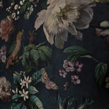 307306 Tropical jungle flowers navy blue green parrots birds faux fabric wallpaper roll