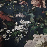 307306 Tropical jungle flowers navy blue green parrots birds faux fabric wallpaper roll
