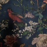 307306 Tropical jungle flowers navy blue green parrots birds faux fabric wallpaper roll