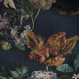 307306 Tropical jungle flowers navy blue green parrots birds faux fabric wallpaper roll