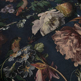 307306 Tropical jungle flowers navy blue green parrots birds faux fabric wallpaper roll