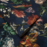 307306 Tropical jungle flowers navy blue green parrots birds faux fabric wallpaper roll