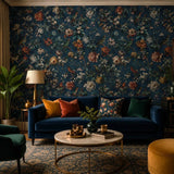 307306 Tropical jungle flowers navy blue green parrots birds faux fabric wallpaper roll
