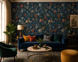307306 Tropical jungle flowers navy blue green parrots birds faux fabric wallpaper roll