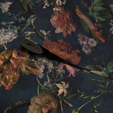 307306 Tropical jungle flowers navy blue green parrots birds faux fabric wallpaper roll