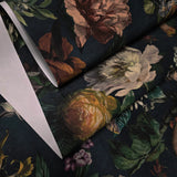 307306 Tropical jungle flowers navy blue green parrots birds faux fabric wallpaper roll