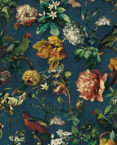 307306 Tropical jungle flowers navy blue green parrots birds faux fabric wallpaper roll