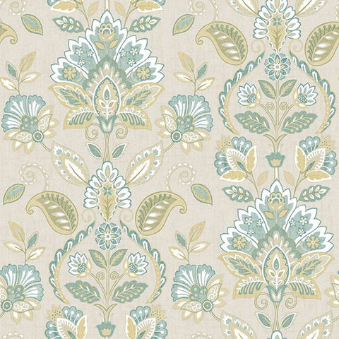 3112-002732 Rayleigh Teal Floral Damask Wallpaper