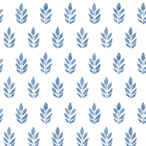 3122-11302 Ervic Blue Leaf Block Print Wallpaper