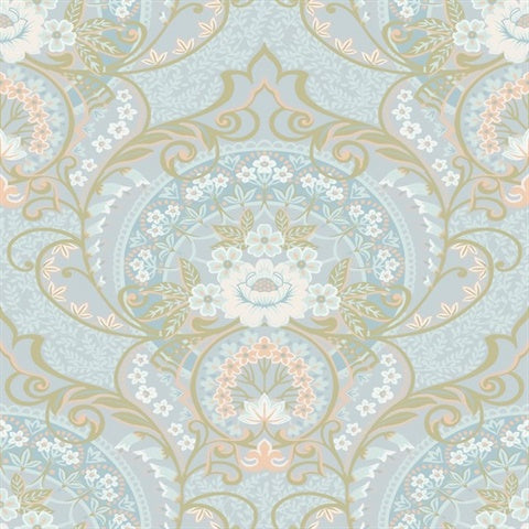 316011 Nasrin Light Blue Large Floral Damask Wallpaper