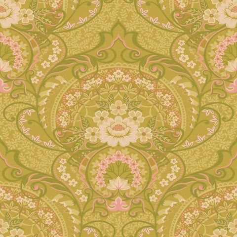 316012 Nasrin Chartreuse Large Floral Damask Wallpaper