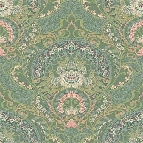 316013 Nasrin Sea Green Large Floral Damask Wallpaper