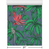 32653 Tropical jungle palm leaves lemurs blue green red faux fabric textured wallpaper
