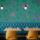 32653 Tropical jungle palm leaves lemurs blue green red faux fabric textured wallpaper
