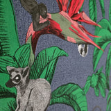 32653 Tropical jungle palm leaves lemurs blue green red faux fabric textured wallpaper
