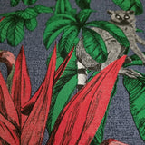 32653 Tropical jungle palm leaves lemurs blue green red faux fabric textured wallpaper
