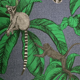 32653 Tropical jungle palm leaves lemurs blue green red faux fabric textured wallpaper
