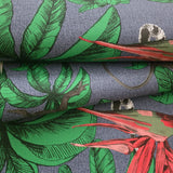 32653 Tropical jungle palm leaves lemurs blue green red faux fabric textured wallpaper

