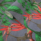 32653 Tropical jungle palm leaves lemurs blue green red faux fabric textured wallpaper
