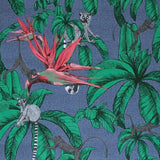 32653 Tropical jungle palm leaves lemurs blue green red faux fabric textured wallpaper

