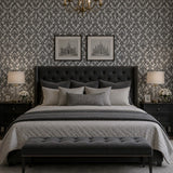 335823, WM33582301 Flocking gray silver metallic Flocked Victorian damask velvet flock Wallpaper 3D
