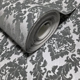 335823, WM33582301 Flocking gray silver metallic Flocked Victorian damask velvet flock Wallpaper 3D
