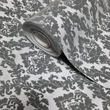 335823, WM33582301 Flocking gray silver metallic Flocked Victorian damask velvet flock Wallpaper 3D
