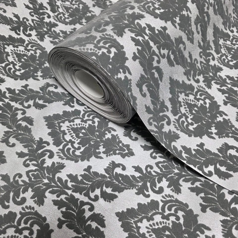 335823, WM33582301 Flocking gray silver metallic Flocked Victorian damask velvet flock Wallpaper 3D
