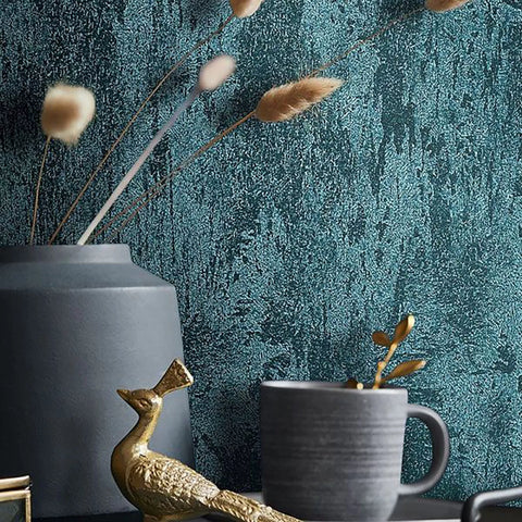 34278 Plain foil green blue teal metallic faux concrete plaster textured wallpaper