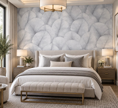 34562 Light gray purple overlapping leaf Textured batik large leaves modern Wallpaper