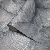 34564 Green hue silver metallic foil overlapping leaf Textured batik leaves Wallpaper