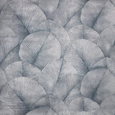 34564 Green hue silver metallic foil overlapping leaf Textured batik leaves Wallpaper