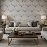 34580 Light ash gray silver metallic Faux fabric Textured Asian Cranes birds Wallpaper